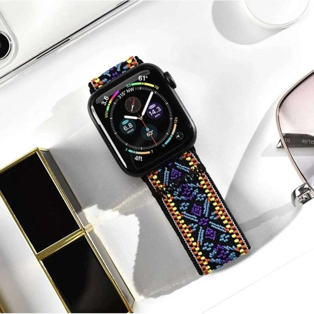 Tefeca Blue Embroidery Ethnic‎ Pattern Elastic Watch Band